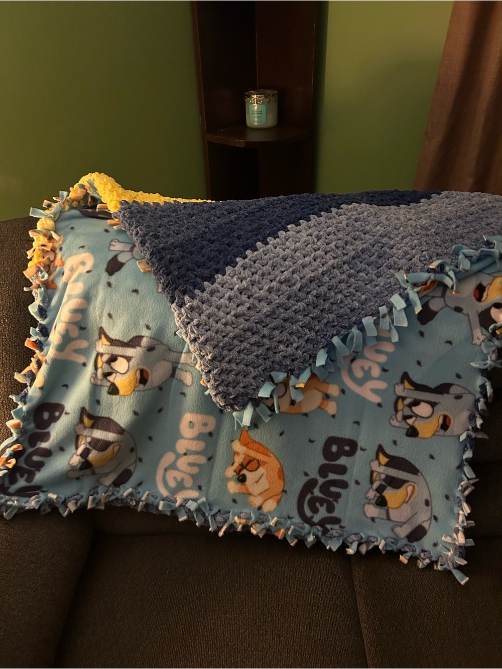 Handmade Blue Puppy Print Fleece & Knit Reversible Blanket (Bluey)